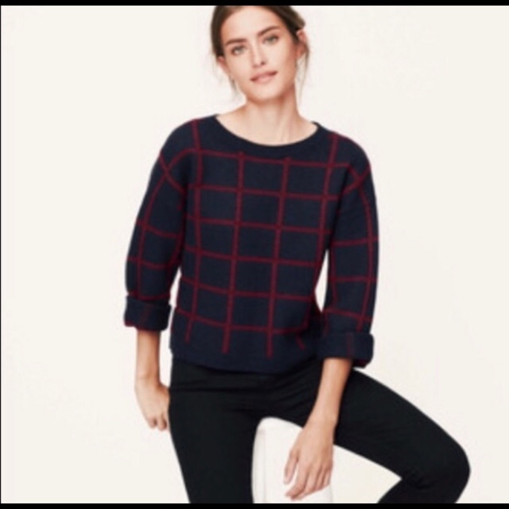LOFT NWOT Navy & Maroon Windowpane sweater Sz L